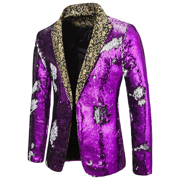 Men's Shiny Sequin Shawl Collar suit Wedding Groom Singer Prom Glitter Suit Jacket DJ Club Stage suit Clothes blazers MartLion Purple XL 