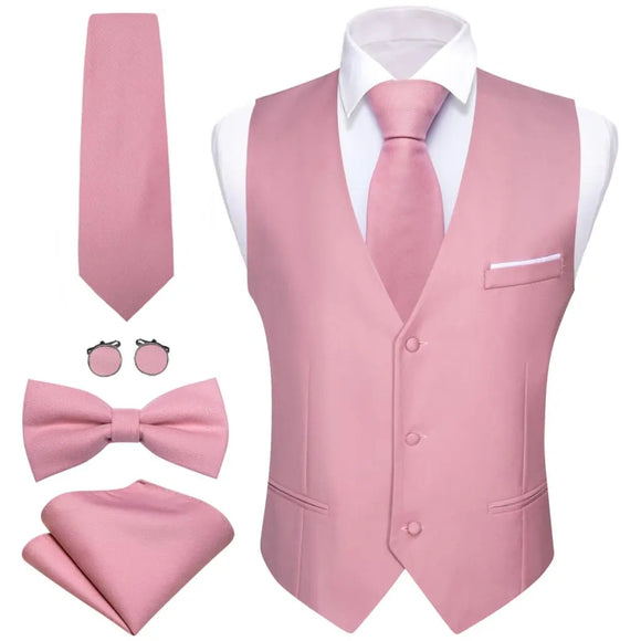 Elegant Vest for Men's Pink Solid Satin Waistcoat Tie Bowtie Hanky Set Sleeveless Jacket Wedding Formal Gilet Suit Barry Wang MartLion 2425 S 