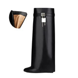 Women's Knee Length Slope Heel Shark Boots Thick Sole High Heel Thigh Round Head Warmth MartLion Black cowhide 40 