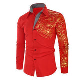 Luxury Men's Shirt Stamping Totem Print Turn Down Collar Buttons Slim Long Sleeve Top Public Club Fancy Mart Lion Red M 