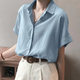 Summer Oversized Shirts Women Shirt Loose Solid Tops Short Sleeved Blouse Casual Solid Buttons Down MartLion   