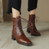 Winter Retro Women Boots Lace Up Chelsea Round Toe Shoes Short Genuine Leather Western MartLion   