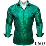 Luxury Silk Shirts Men's Green Paisley Long Sleeved Embroidered Tops Formal Casual Regular Slim Fit Blouses Anti Wrinkle MartLion 0603 S China
