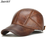  Men's Casual Real Leather Earflap Cap Real Cowhide Leather Caps Fall Winter Genuine Real Cow Leather Baseball Hats MartLion - Mart Lion