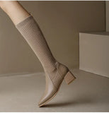 Autumn Winter Knitted Long Boots Women Knee High Socks Shoes Slip on High Heels Retro Elastic MartLion   