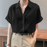 Summer Oversized Shirts Women Shirt Loose Solid Tops Short Sleeved Blouse Casual Solid Buttons Down MartLion   