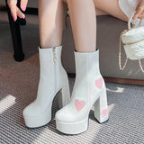 Women's Platform High Heel Boots Thick Heart Printed Ankle Waterproof and Short MartLion   