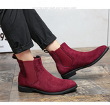 Chelsea Boots for Men's Wine Red Black Faux Suede Low-heeled Handmade MartLion   