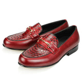 Men's Daily Casual Shoes Snake Pattern Printing Loafers Leather Formal Dress Metal Buckle Decoration MartLion Red 39 