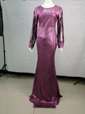 Dress Elegant Floor-Length Dresses For Women's Round Collar Long Sleeves Solid Color Ladies Frocks MartLion   