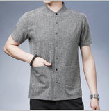 Men's Short-sleeved Seasonal Shirt with Stand Collar Linen Casual Daily Large Pocket Stand Collar Half Sleeve Shirt MartLion   