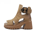 Summer Platform Fish Mouth High Top Sandals Women Genuine Leather Roman Cake Hollowed Out Height Mart Lion Khaki 35 