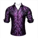 Luxury Purple Men's Silk Shirt Spring Autumn Long Sleeve Lapel Shirts Casual Fit Set Party Wedding Barry Wang MartLion GY-0411 S 