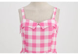 Women's Summer Dress Retro Pink Plaid Gown Christmas Party Clothes Robe Waisted Dress MartLion   