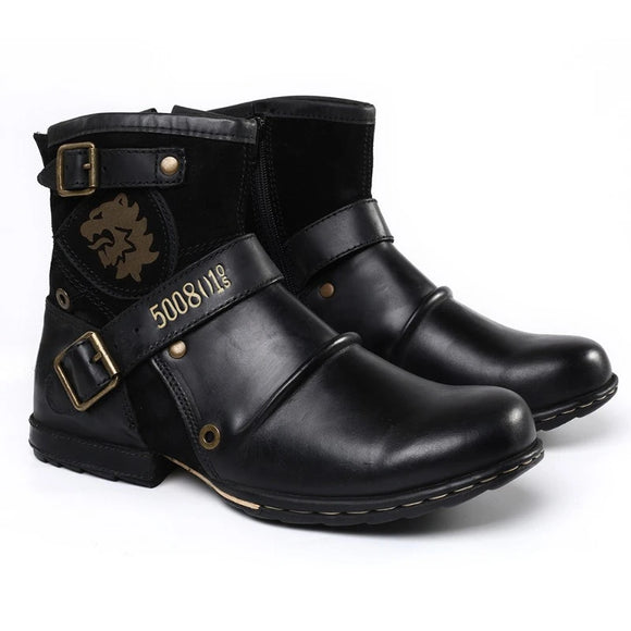 Men's Shoes Boots Warm Leather Vintage Motorcycle Riding Retro Metal Style Zippers MartLion   