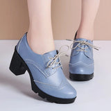 Women Pumps Shoes T High Heels Brogue High Square Heel Genuine Leather Wedge Richelieu MartLion   