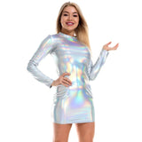 Summer Women Turtleneck Long Sleeve Mini Bodycon Dress Reflective Holographic Metallic Club Rave Outfits MartLion HA XL CHINA