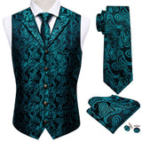 4PC Men's Extra Silk Vest Party Wedding Gold Paisley Solid Floral Waistcoat Vest Pocket Square Tie Suit Set Barry Wang Mart Lion MJ-2235 XL 