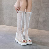 Summer Boots Mesh Ladies Comfort Elevator Shoes Women Knee-length Platform Female Round Toe Zipper Sandals Mart Lion 2-White 34 