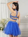 Royal Blue Cocktail Dresses Mini Two Pieces Girl Party Wear Black Homecoming Dresses Crystal Beaded Graduation Robe De Soiree MartLion   