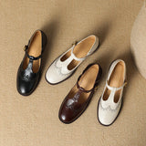 Spring Genuine Leather Women Pumps Shoes Round Toe Chunky Heel Retro Mary Janes Block Leather Shoes Shallow MartLion   