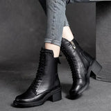 Women Shoes Winter Square Med  Boots Lace Up Zipper Ladies Pumps MartLion   