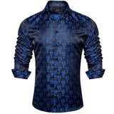 Luxury Blue Black Paisley Silk Shirts Men's Long Sleeve Wedding Party Prom Tuxedo Dress Casual Designer Clothing MartLion   