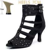 Hollow Out Modern Dance Jazz Boots Women's High Heels with Diamonds Indoor Soft Sole High Top Latin Dance Shoes MartLion Black 7cm 34 