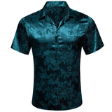Luxury Shirts Men's Summer Silk Short Sleeve Blue Red Black Pink Green Gold Flower Slim Fit Casual Tops Blouses Barry Wang MartLion 0274 S 
