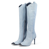 Metal Decoration Thin High Heel Denim Side Zipper Knee Long Boots for Women's Banquet Runway MartLion blue 35 