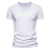Cotton Men's T-shirt V-neck Design Slim Fit Soild Tops Tees Short Sleeve MartLion F037-V-white Size M 55-65kg 