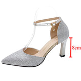 Bling Gold Silver Women's Pumps Point Toe Thin Heel Party Wedding Shoes Summer Ankle Strap High Heels MartLion Silver 33 