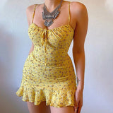 Women's Casual Home Small Floral Camisole Dress Summer Skirt MartLion Yellow L 