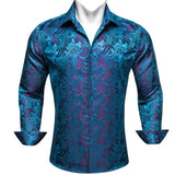 Luxury Shrits Men's Sky Roal Blue Navy Embroidered Paisley Long Sleeve Casual Slim Fit Blouses Lapel Barry Wang MartLion 0473 S 