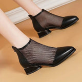 Summer Mesh Ankle Boots Pointed Toes Low Heels Ladies Short Chunky Heels Spring Back Zipper Shoes MartLion   