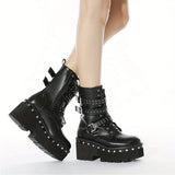 Women's Black Side Zipper Platform Boots Round Toe Lace Up Buckle Shoes MartLion   