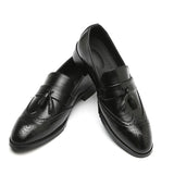 Men's Brock Tassels Leather Shoes Vintage Pointed Toe Loafers British Style Carving Wingtips Brogues Slip on Flats Mart Lion Black 37 