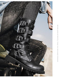 Men's Leather Motorcycle Boots Black Gothic Punk Cowboy Casual Military Tactical Mart Lion   