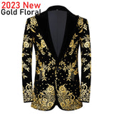 Luxury Baroque Gold Floral Embroidery Blazer Jacket Me'sn Shawl Lapel Velvet Cardigan Blazers  Wedding Party Prom Homme MartLion Pattern 5 US XS 