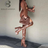 Bonjomarisa Women Thigh High Boots Double Platform Block High Heels Over The Knee Boots Zip Long Shoes MartLion Brown 5 