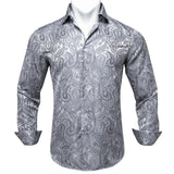 Paisley Floral Men's Shirt Silver White Casual Long Sleeve Social Collar Shirts Brand Button Blouses MartLion   