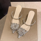 High-heeled Slippers Women Summer Pointed Crystal Heel Designer Sandals Square Buckle Slides Mart Lion Silver 35 