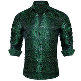  Dark Green Luxury Designer Men's Silk Shirt Long Sleeve Wedding Prom Button Down Collar Dress Blouse Clothing MartLion - Mart Lion
