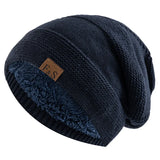 Unisex Slouchy Winter Hats Add Fur Lined Men's And Women Warm Beanie Cap Casual Label Decor Winter Knitted Hats MartLion Navy Blue 56cm-60cm 