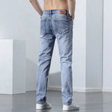 Cotton Stretch Denim Jeans Casual Men's Thin Grey Summer  Straight Lightweight Trousers MartLion   