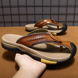 Genuine Leather Slippers Men's Beach Slides Slip on Lazy Shoes Outdoor Covered Toe Walking Casual Sneakers Mart Lion Brown 6.5 