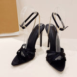 Liyke Black Heels For Women Metal Chain Sandals Narrow Band Open Toe Buckle Strap Ladies Party Stripper Shoes Mart Lion   