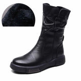 Ankle Boots Cow Leather Motorcycle Platform Wedge Winter Plush Knee High Women Shoes MartLion