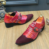 Men's Formal Shoes with High Heels Flat Bottoms Pointed Suede Stitching Belt Buckle MartLion   