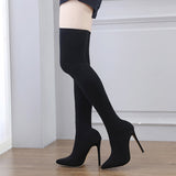 Liyke Pointed Toe Stretch Fabric Socks Over The Knee Boots Women Autumn Winter Shoes Thin HIgh Heels Long Mart Lion   